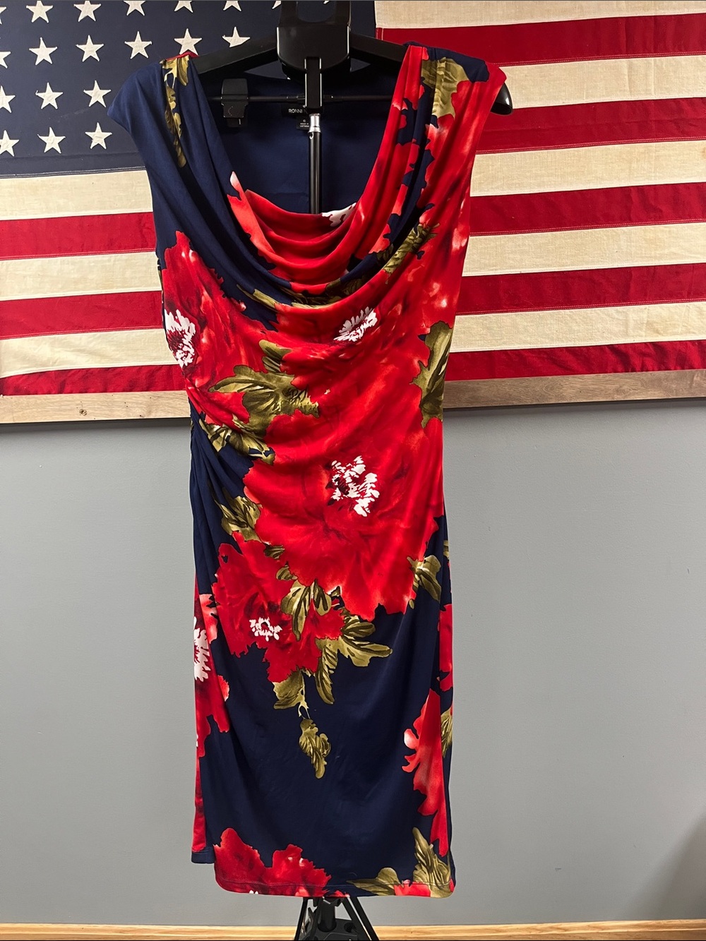 Navy & Red Floral Cowl Neck Dress